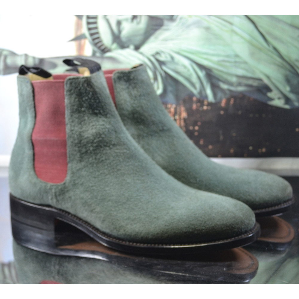 Handmade Green Color Original Suede Stylish Ankle High Chelsea Dress Boots 1