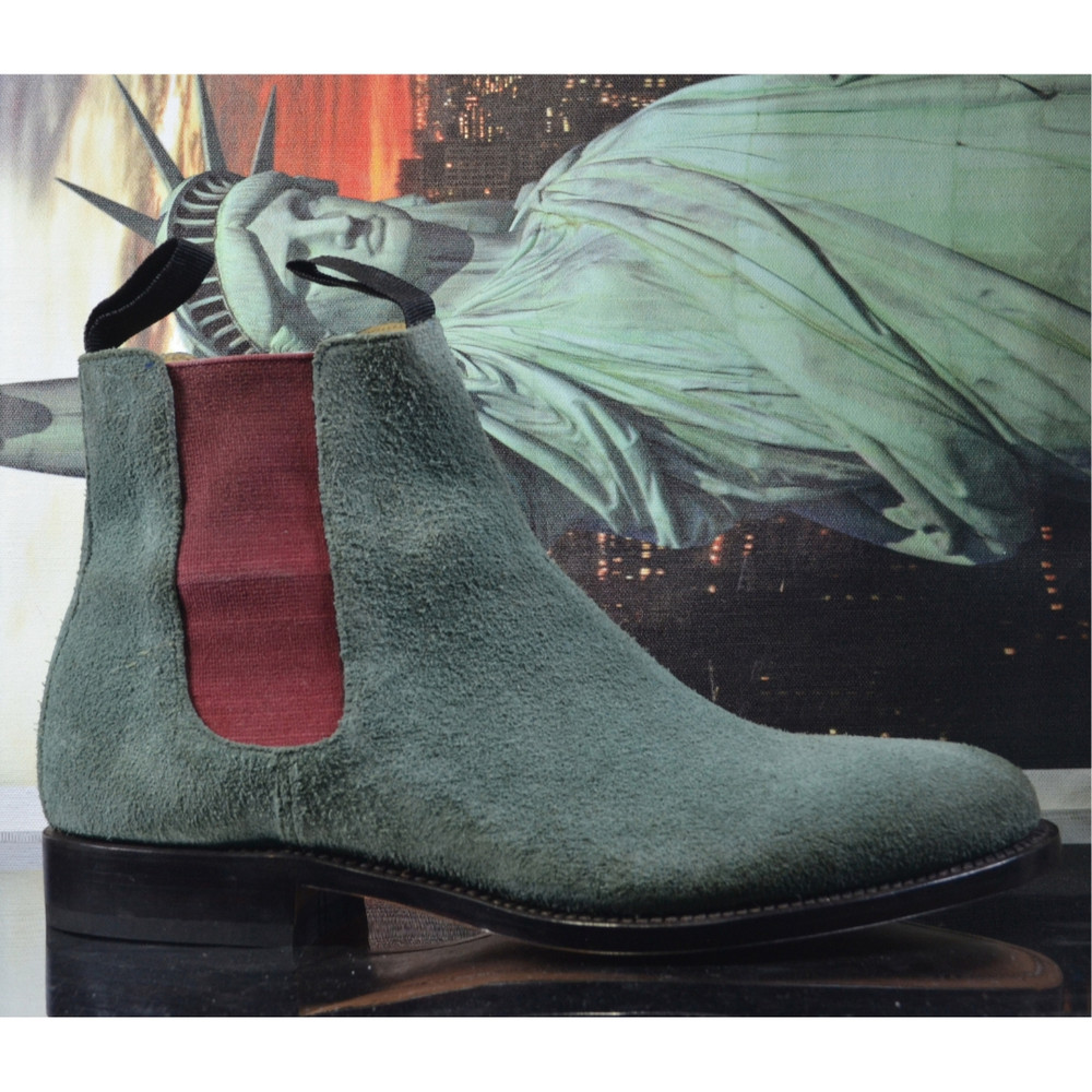 Handmade Green Color Original Suede Stylish Ankle High Chelsea Dress Boots 2