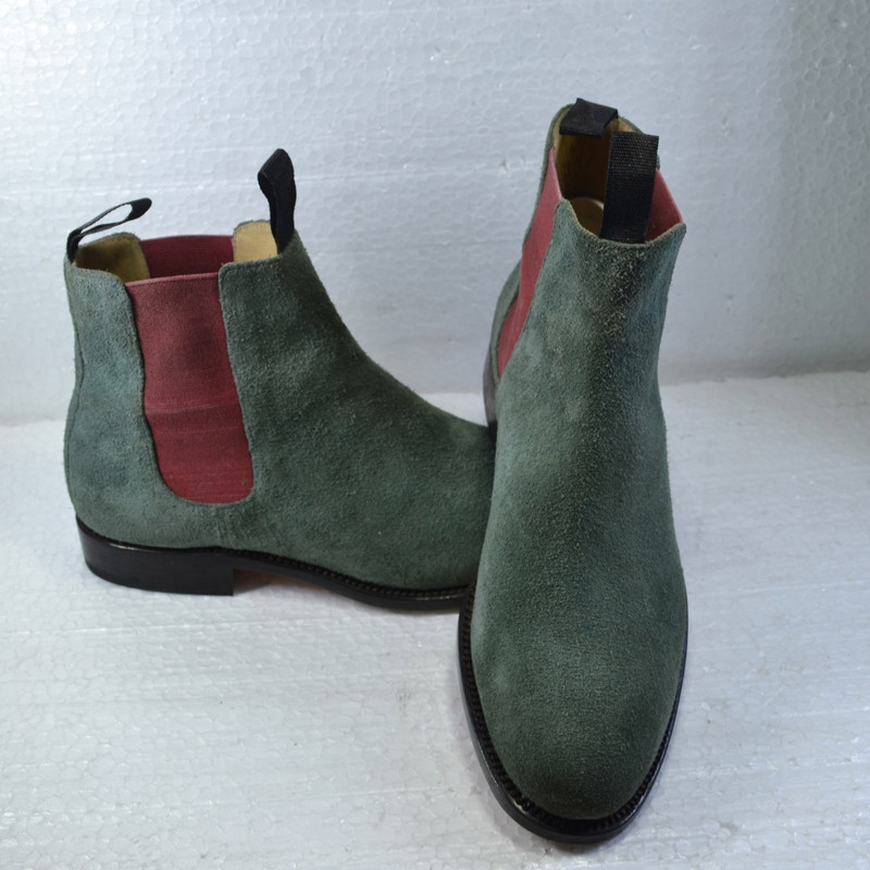 Handmade Green Color Original Suede Stylish Ankle High Chelsea Dress Boots 6