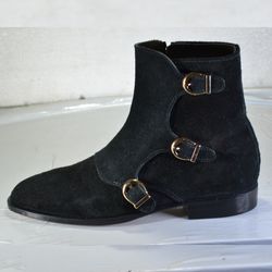 handmade black color original calf suede stylish ankle high triple monk strap boots