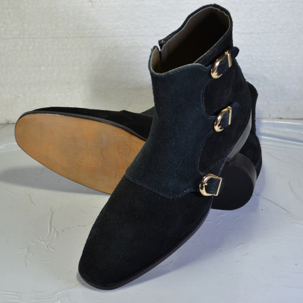 Handmade Black Color Original Calf Suede Stylish Ankle High Triple Monk Strap Boots 1