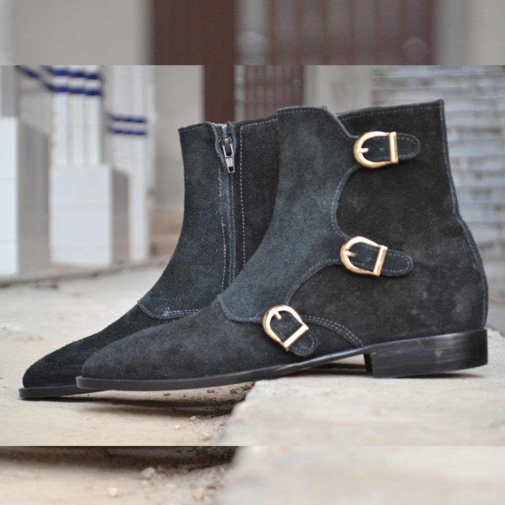 Handmade Black Color Original Calf Suede Stylish Ankle High Triple Monk Strap Boots 5