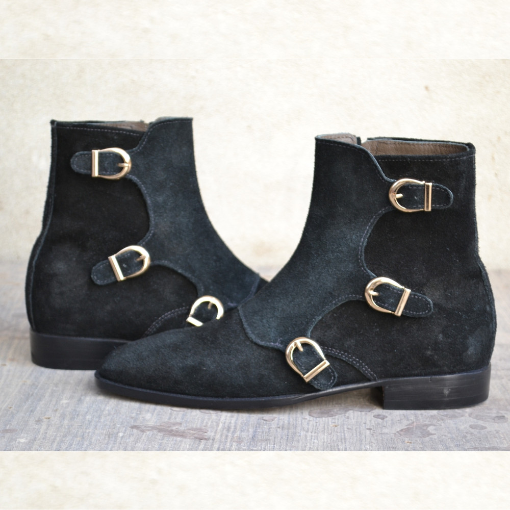 Handmade Black Color Original Calf Suede Stylish Ankle High Triple Monk Strap Boots 2
