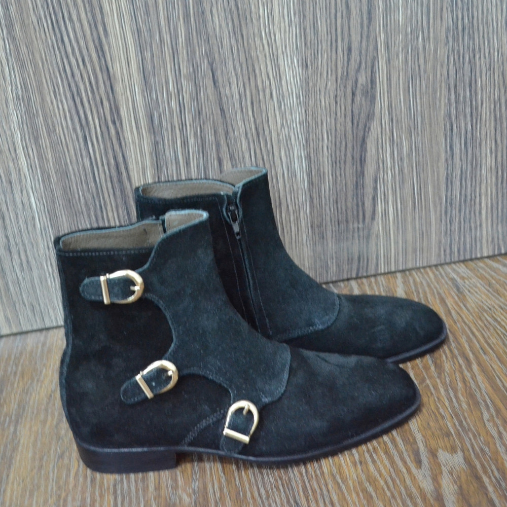 Handmade Black Color Original Calf Suede Stylish Ankle High Triple Monk Strap Boots 3