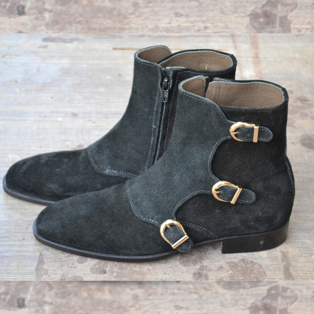 Handmade Black Color Original Calf Suede Stylish Ankle High Triple Monk Strap Boots 4