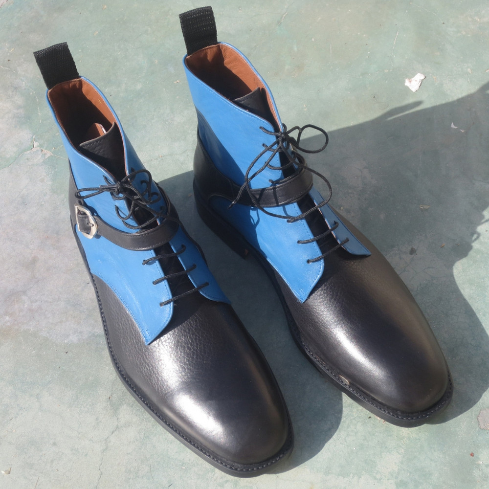 Handmade Luxury Mens Ankle Boots Genuine Leather Blue Black Buckle Dress Formal Shoes Wedding Offic 0