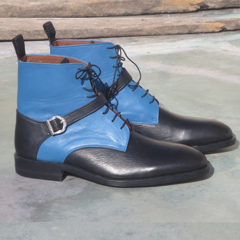 Handmade Luxury Mens Ankle Boots Genuine Leather Blue Black Buckle Dress Formal Shoes Wedding Offic 1