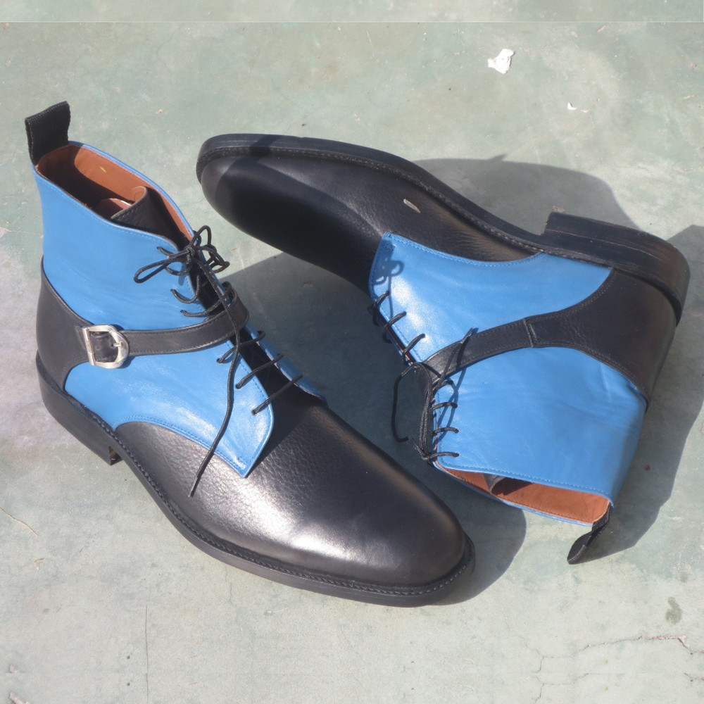 Handmade Luxury Mens Ankle Boots Genuine Leather Blue Black Buckle Dress Formal Shoes Wedding Offic 2