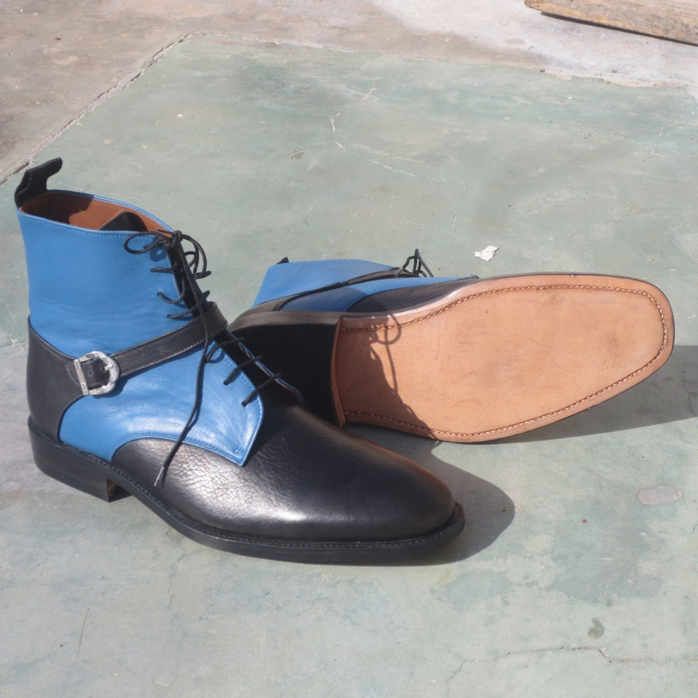 Handmade Luxury Mens Ankle Boots Genuine Leather Blue Black Buckle Dress Formal Shoes Wedding Offic 3