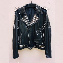 new mens full black punk silver long spiked studded leather brando jacket men silver studded spikes biker fashion jacket