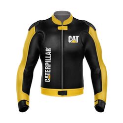 elegant mens yellow & black color caterpillar motorbike racing cowhide leather biker jacket with safety pads
