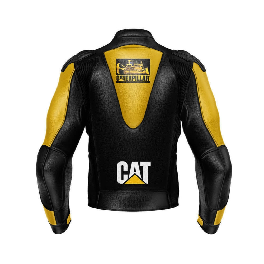 Elegant Mens Yellow Black Color CATERPILLAR Motorbike Racing Cowhide Leather Biker Jacket With Saf 1