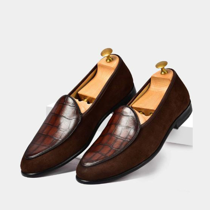 Handmade Brown Color Genuine Alligator Textured Leather Suede Stylish Apron Toe SlipOn Loafers Sho 1