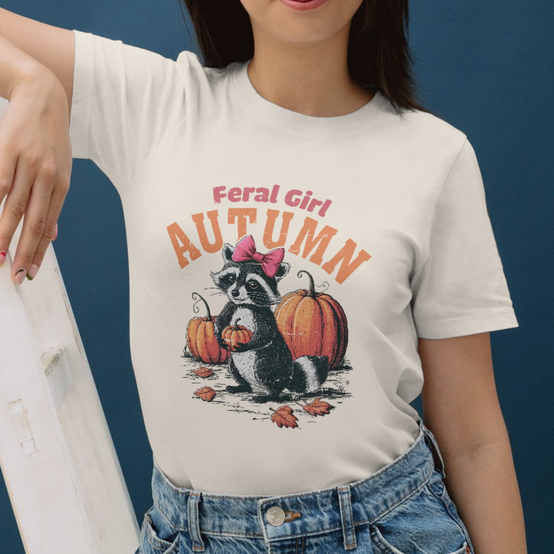 Feral Girl Autumn PNG Raccoon Shirt Design Fall Sublimation Design 1