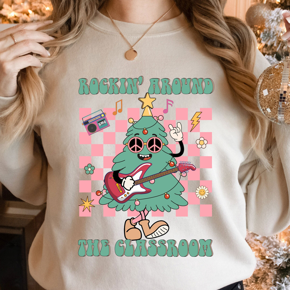 Retro Teacher Christmas Png Rockin Around The Classroom Christmas Teacher Shirt Design Merry Teacher Png 1