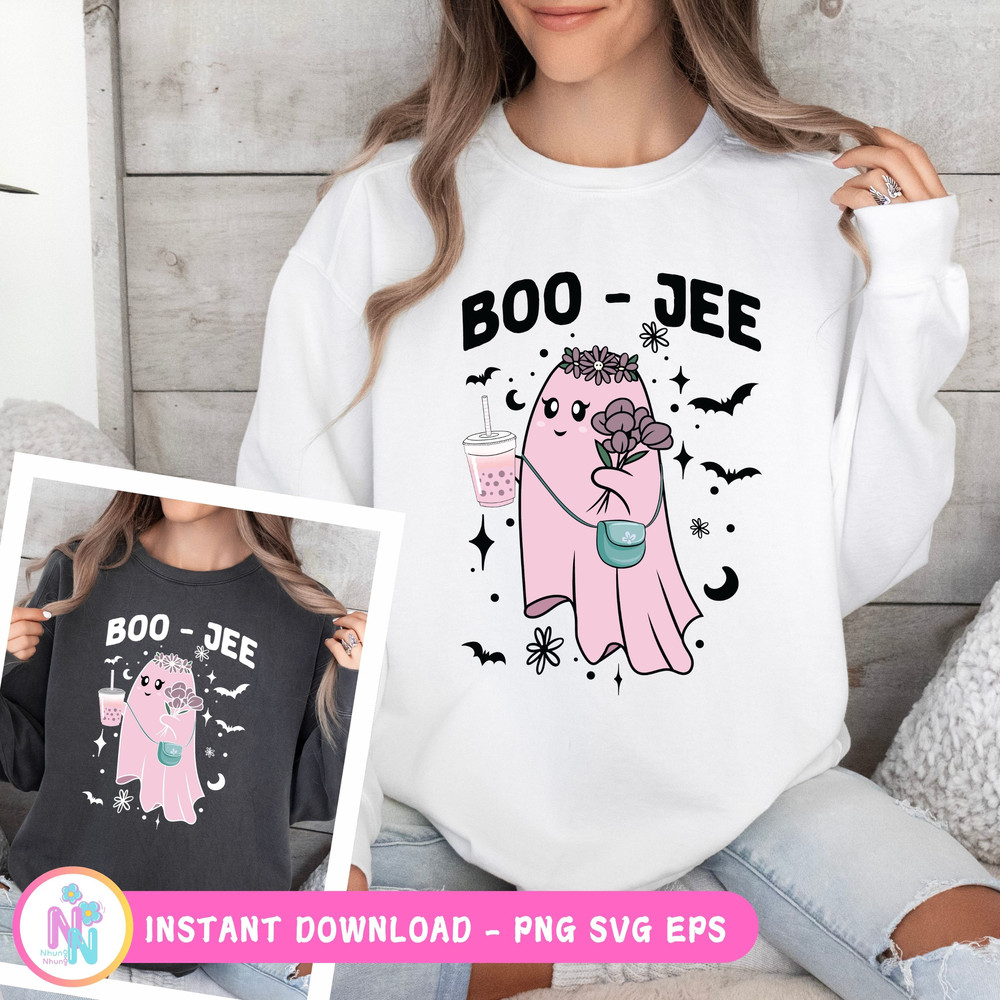 Cute Boo Jee Ghost Halloween Bandana Ghost Coffee PNG SVG Halloween Shirt Design 1
