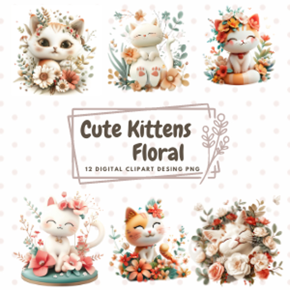 Cute Kitten Floral Clipart PNG 12 Designs 0