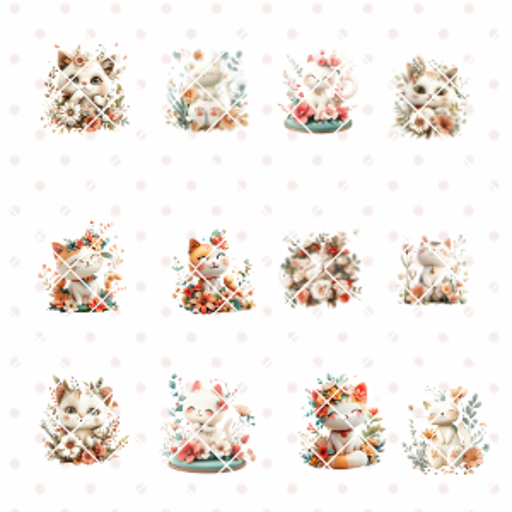 Cute Kitten Floral Clipart PNG 12 Designs 1