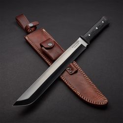 "custom handmade hunting sword with d2 tool steel blade and a leather sheath "