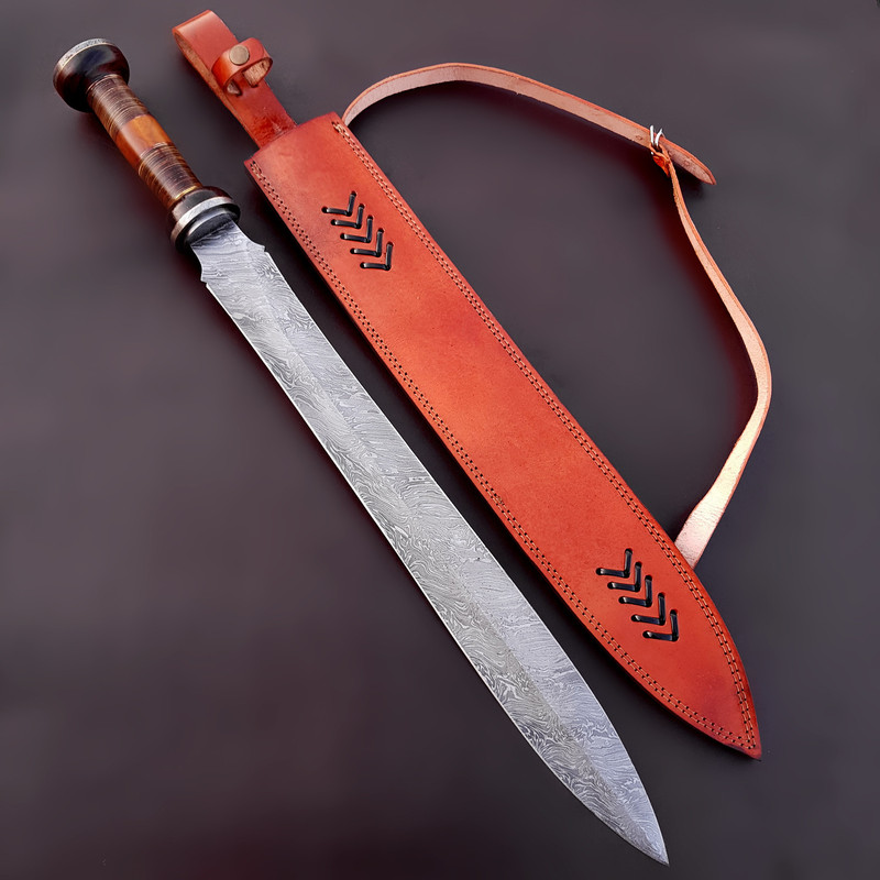 Custom Handmade Premium Quality Hunting Sword With Damascus Steel Blade Pure Cow Hide Leather Sheath 1