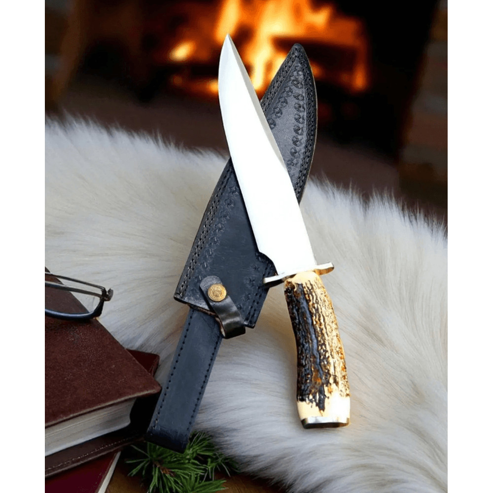 16 Inch Handmade D2 Steel Bowie Knife Stag Horn Handle Brass Guard Hunting Knife With Leather Sh