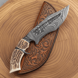handmade damascus hunting bowie knife | genuine stag antler handle | full tang outdoor survival knife