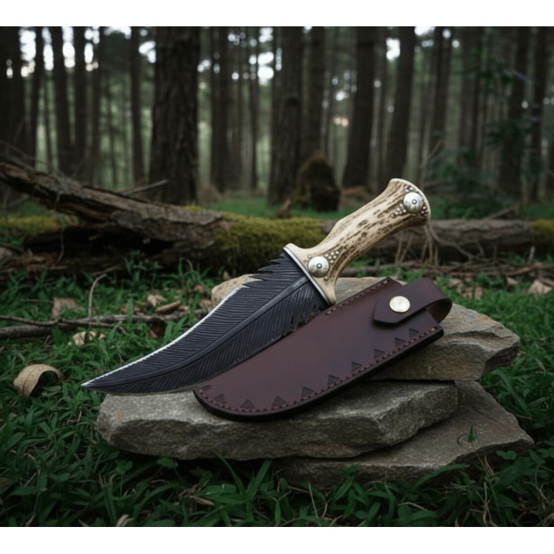 Handmade Carbon Steel Feather Knife Stag Antler Handle Artistic Collector Blade With Leather Shea 0