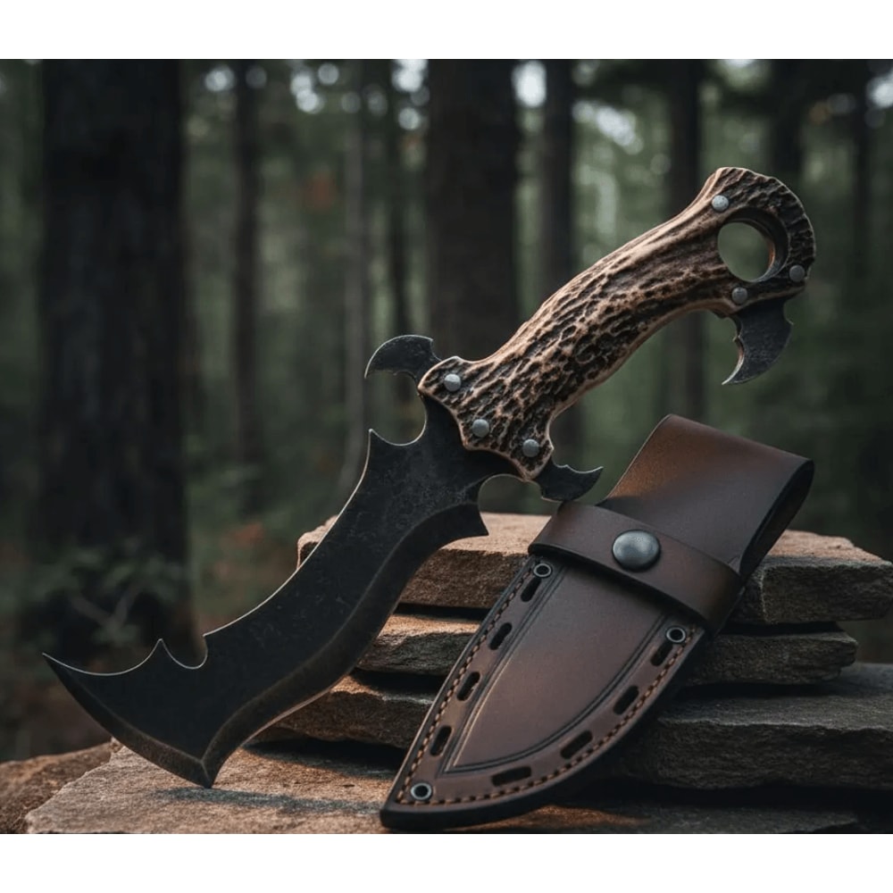 Handmade Fantasy Art Knife With Engraved Stag Horn Handle Carbon Steel Collector Blade With Leathe 1