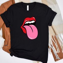playful lips tease tongue graphic tee top - unisex t-shirt, trendy tongue and lip bite design, fashion-forward streetwear, casual chic shirt
