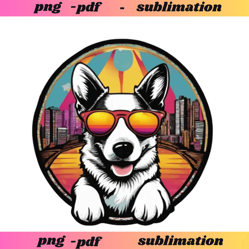 Colorful Dog Clipart With Sunglasses Retro Sublimation Printable Design For T Shirts Tote Bags Mug 0