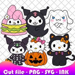 cinnamoroll ghost,hello kitty ,kuromi ghost,my melody burger, svg, png, ink, coloring pages printable, editable vector