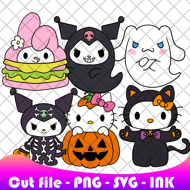 Cinnamoroll GhostHello Kitty Kuromi GhostMy Melody Burger SVG PNG Ink Coloring Pages Printable Edit 0
