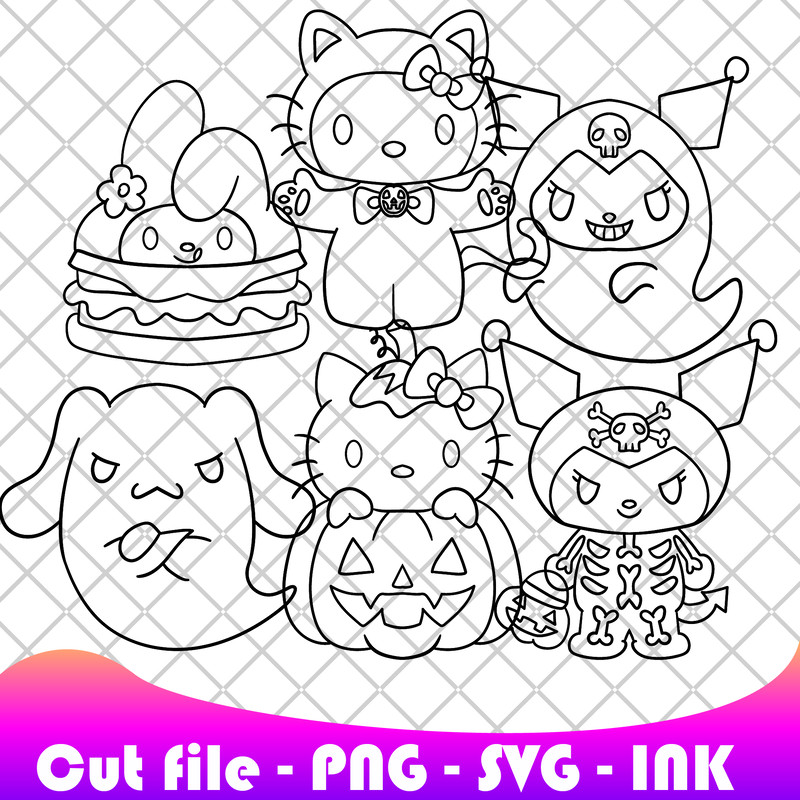 Cinnamoroll GhostHello Kitty Kuromi GhostMy Melody Burger SVG PNG Ink Coloring Pages Printable Edit 1