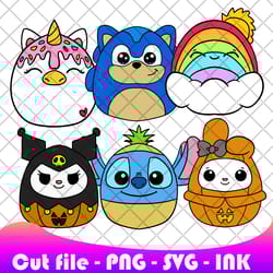 ice cream unicorn,kuromi squishmallows halloween,my melody . svg, png, ink, coloring pages printable, editable vector