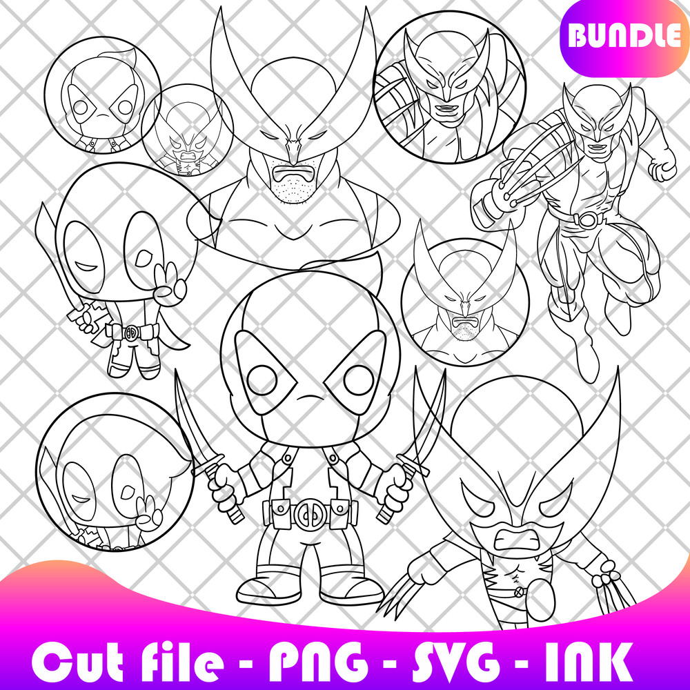 Bundle Deadpool And Wolverine SVG PNG Ink Deadpool And Wolverine Coloring Pages PrintableEditable V 1