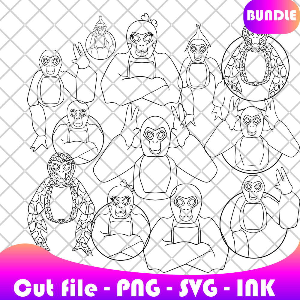 Bundle Gorilla Tag Stickers SVG PNG Ink Gorilla Tag Coloring Pages PrintableEditable Vector Gorilla 1
