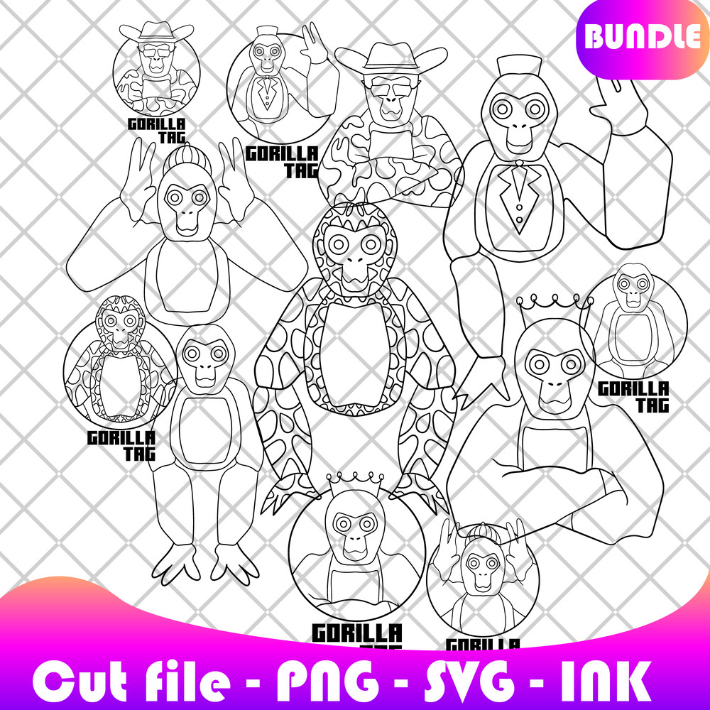 Bundle Gorilla Tag Stickers SVG PNG Ink Gorilla Tag Coloring Pages PrintableEditable Vector Gorilla 1