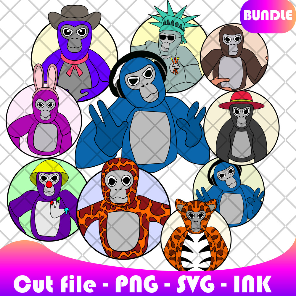 Bundle Stickers Gorilla Tag SVG PNG Ink Gorilla Tag Coloring Pages PrintableEditable Vector Gorilla 0