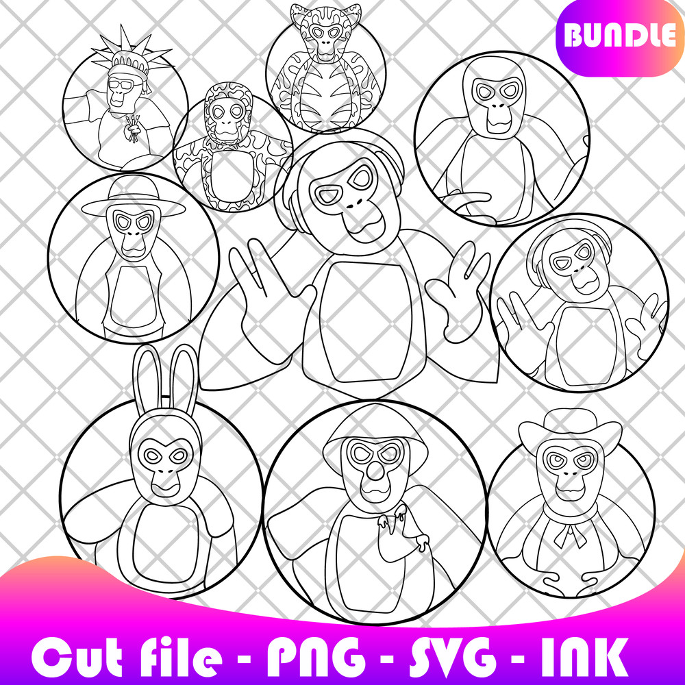 Bundle Stickers Gorilla Tag SVG PNG Ink Gorilla Tag Coloring Pages PrintableEditable Vector Gorilla 1