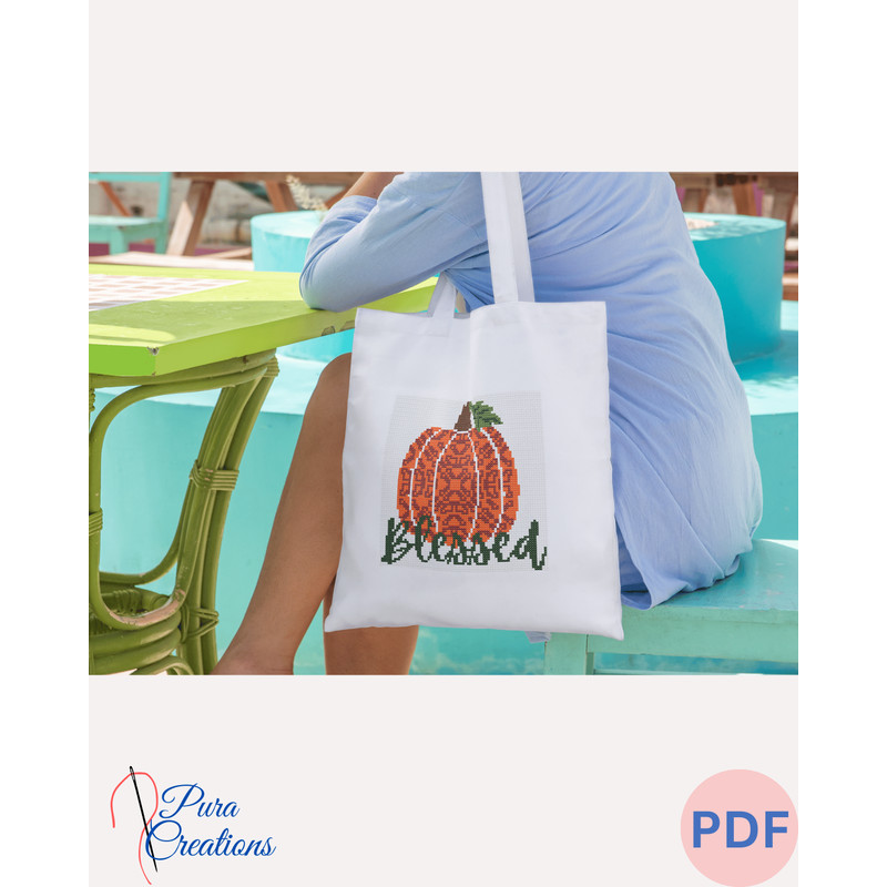 Blessed Tile Pumpkin Crossstitch Pattern Digital Product Instant Download PDF Fall Cross Stitch Pattern Thanks 1