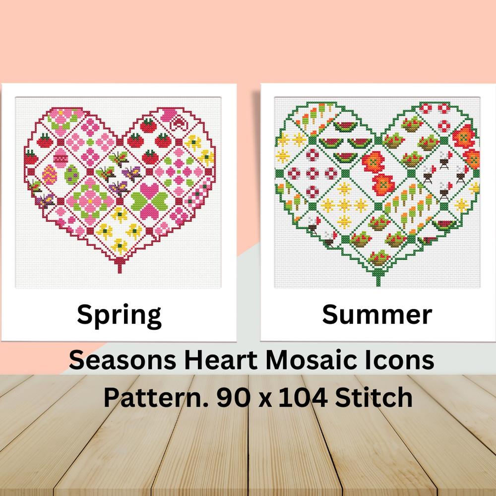 Spring And Summer Heart Mosaic Cross Stitch Pattern Instant Download Pdf Heart Cross Stitch Heart C 0