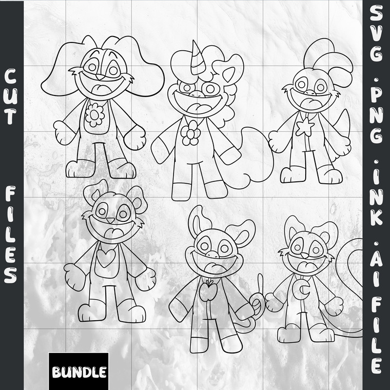 Editable Bundle CraftyCorn Poppy Humanized Bobby BearHugBubba Bubbaphant DogDayKickin Coloring Page 1