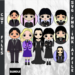 bundle customizable wednesday merlina addams svg, enid, gomez addams, morticia coloring pages,svg,png,ink