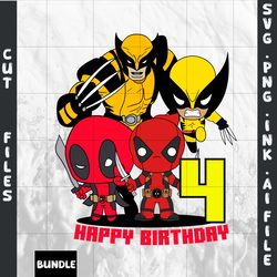 customizable4th birthday deadpool and wolverine t-shirt svg printable,,svg,png,ink,pdf.