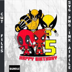 customizable 5th birthday deadpool and wolverine t-shirt svg printable,,svg,png,ink,pdf.