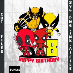 customizable 8th birthday deadpool and wolverine t-shirt svg printable,,svg,png,ink,pdf.