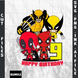 customizable 9th birthday deadpool and wolverine t-shirt svg printable,,svg,png,ink,pdf.