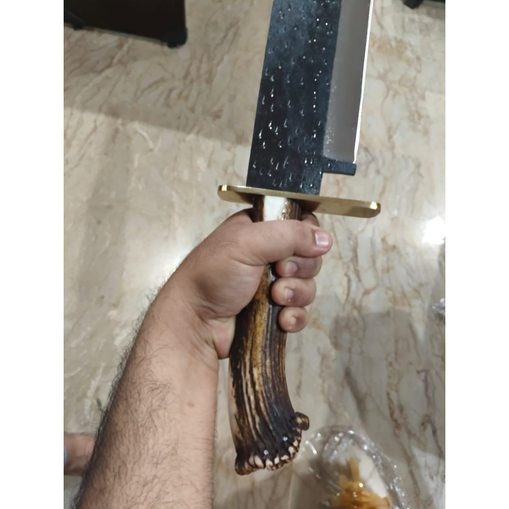 25 CUSTOM HANDMADE D2 TOOL STEEL HUNTING STAGANTLER KNIFE CROWN Handle With Leather Sheath 1