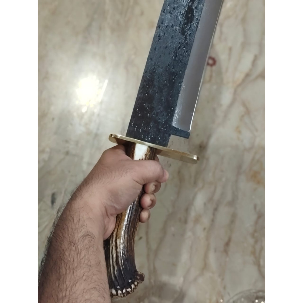 25 CUSTOM HANDMADE D2 TOOL STEEL HUNTING STAGANTLER KNIFE CROWN Handle With Leather Sheath 3