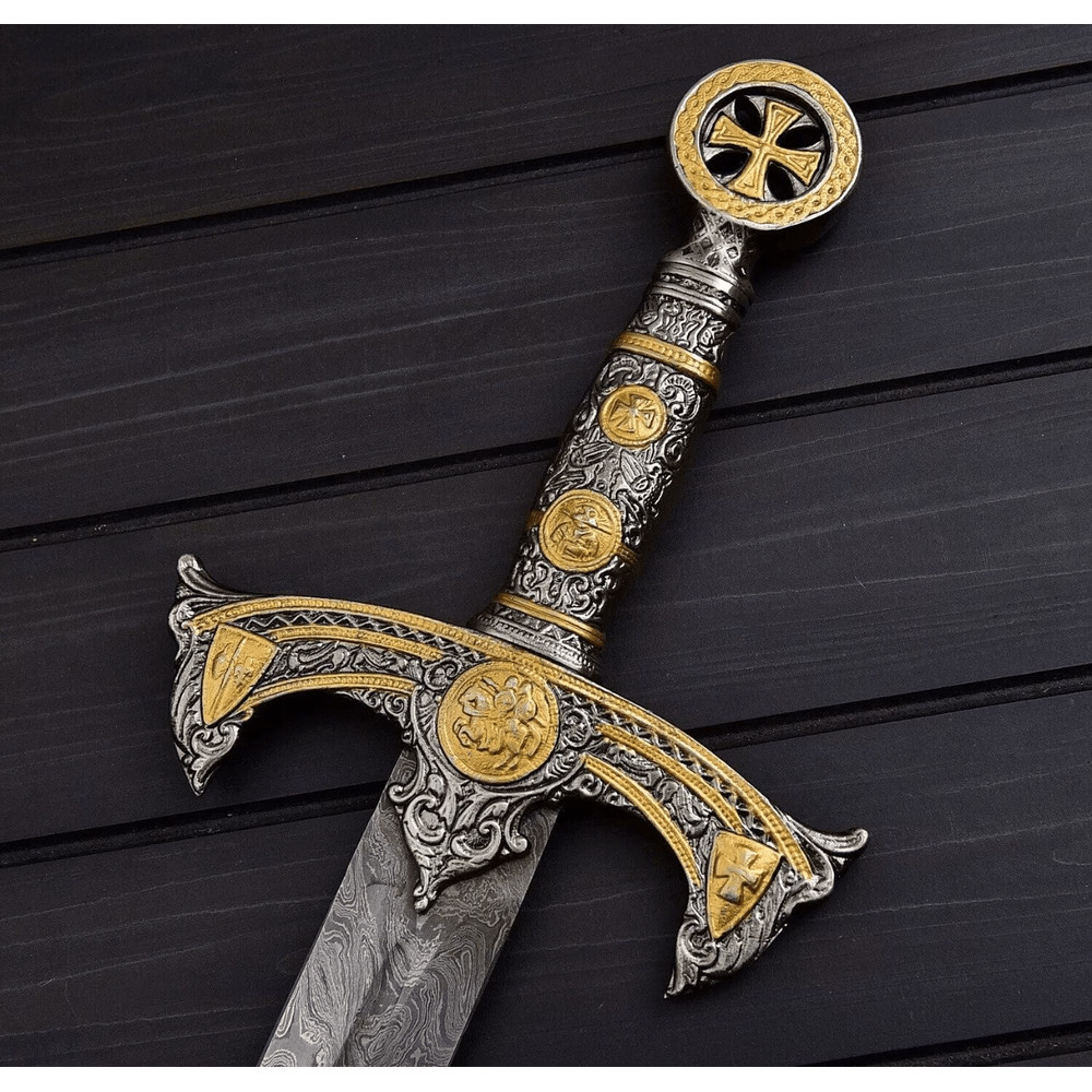 THE KNIGHTS TEMPLAR Crusader Sword Custom Handmade Damascus With Leather Sheath 0